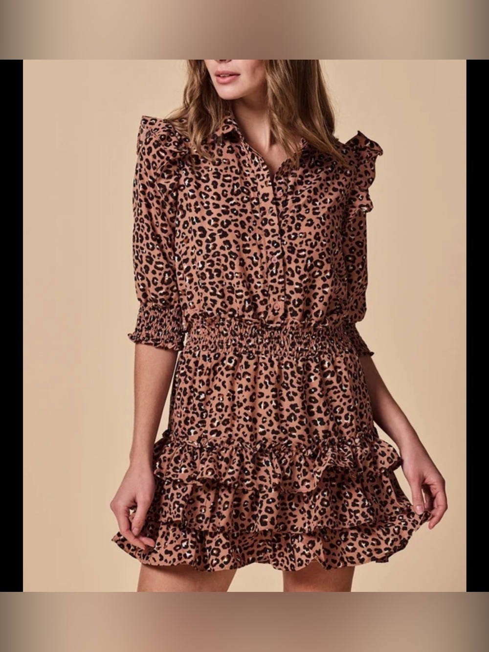 The Shirt By Rochelle Behrens Ruffle Tiered Mini Dress In Leopard - Size Medium
